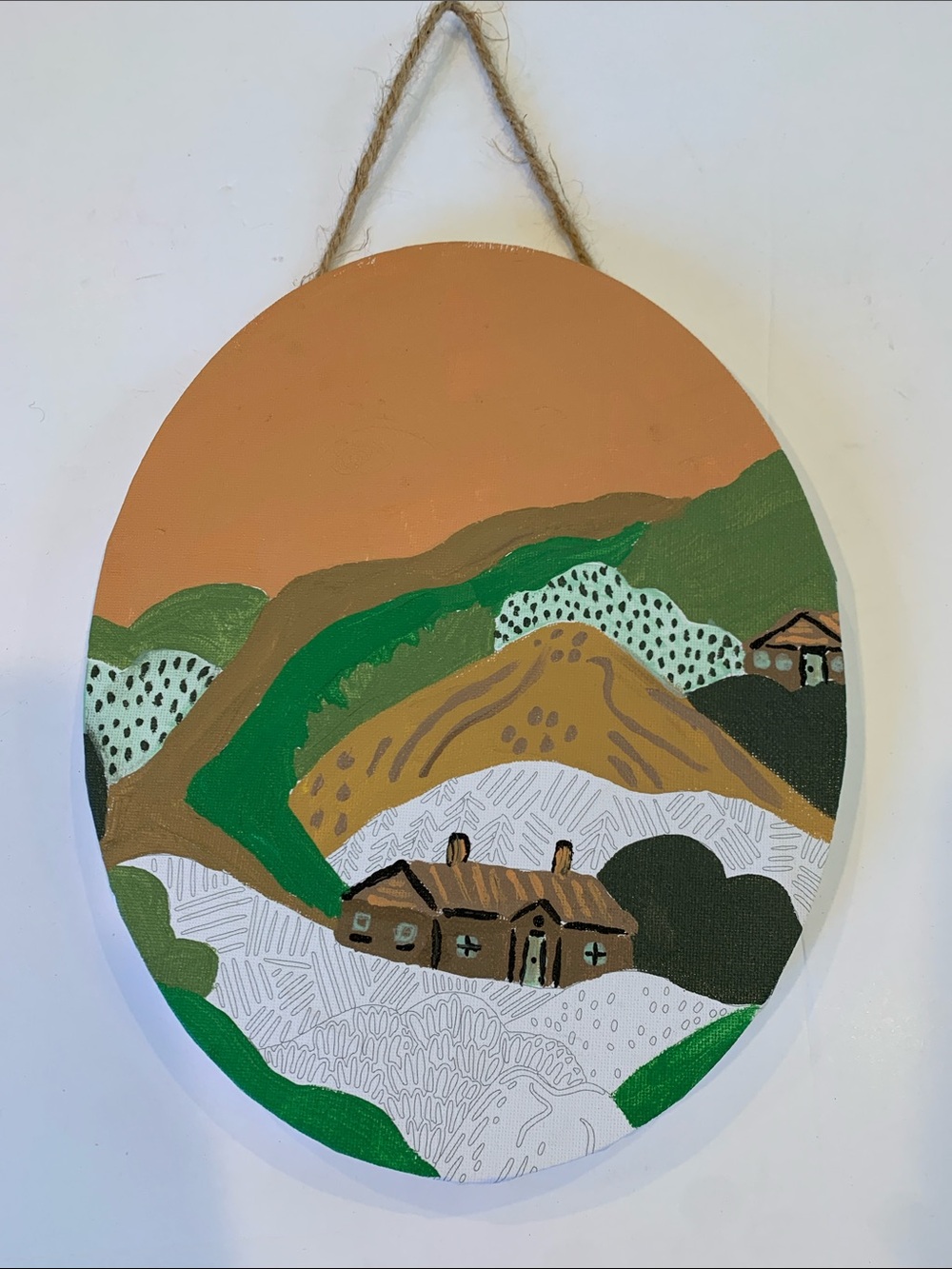 Folk Art Cottagecore Landscape - Oval Canvas Wall Hanging Unfinished